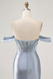 Sparkly Dusty Blue Satin Corset Tight Short Homecoming Dress with Beading