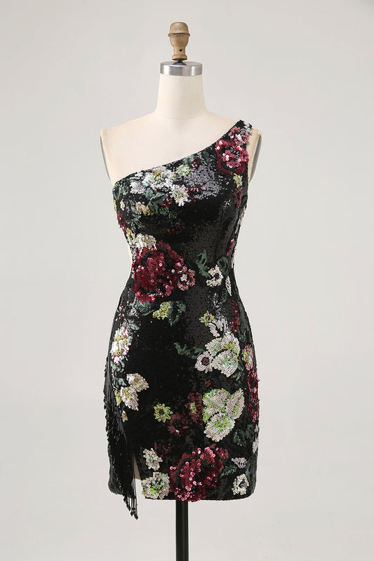 Sparkly Black Sequin Floral One Shoulder Short Homecoming Dress with Fringes