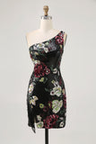 Sparkly Black Sequin Floral One Shoulder Short Homecoming Dress with Fringes