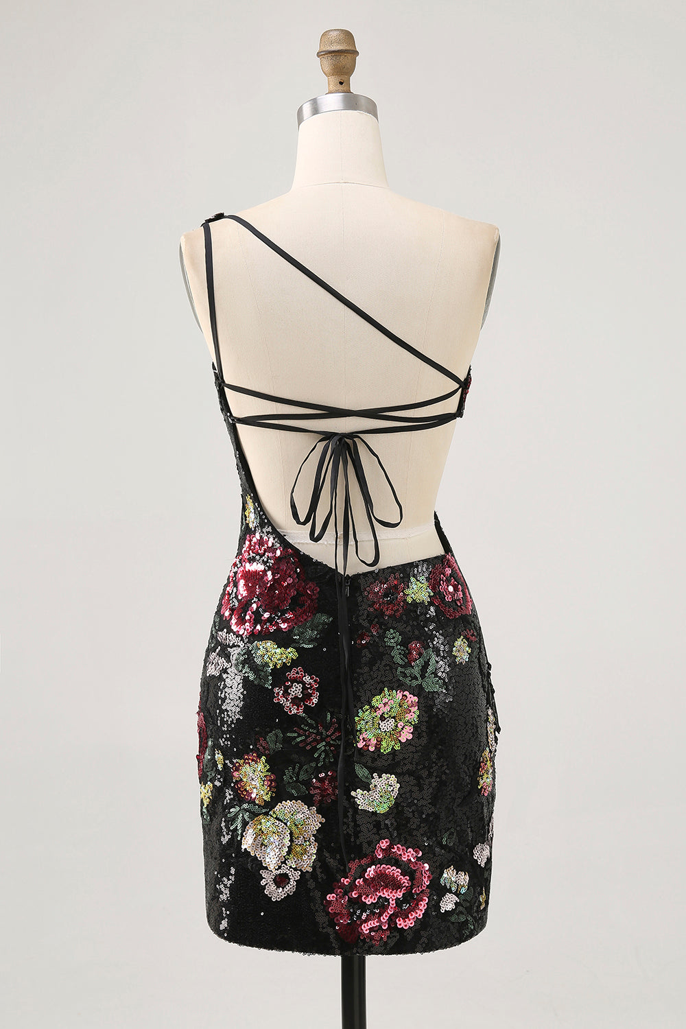Sparkly Black Sequin Floral One Shoulder Short Homecoming Dress with Fringes