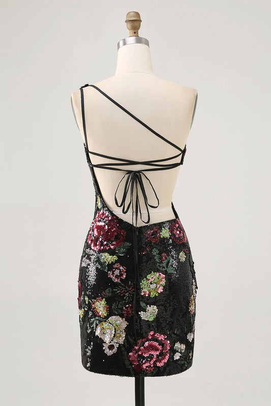 Sparkly Black Sequin Floral One Shoulder Short Homecoming Dress with Fringes