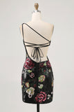 Sparkly Black Sequin Floral One Shoulder Short Homecoming Dress with Fringes
