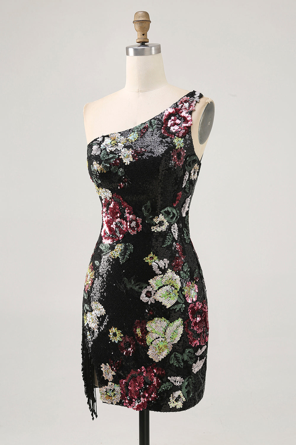 Sparkly Black Sequin Floral One Shoulder Short Homecoming Dress with Fringes