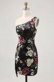 Sparkly Black Sequin Floral One Shoulder Short Homecoming Dress with Fringes