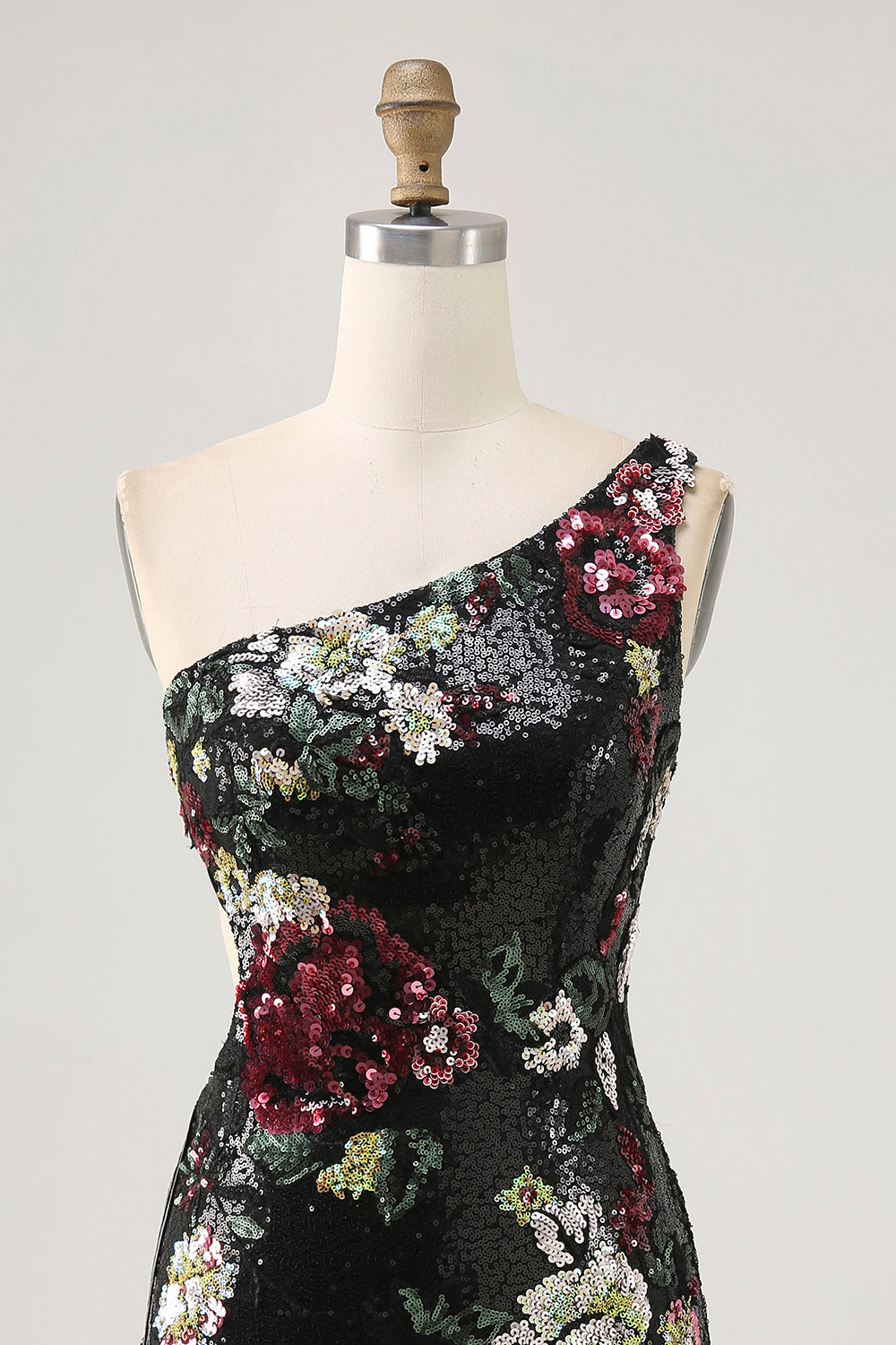 Sparkly Black Sequin Floral One Shoulder Short Homecoming Dress with Fringes
