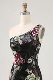 Sparkly Black Sequin Floral One Shoulder Short Homecoming Dress with Fringes
