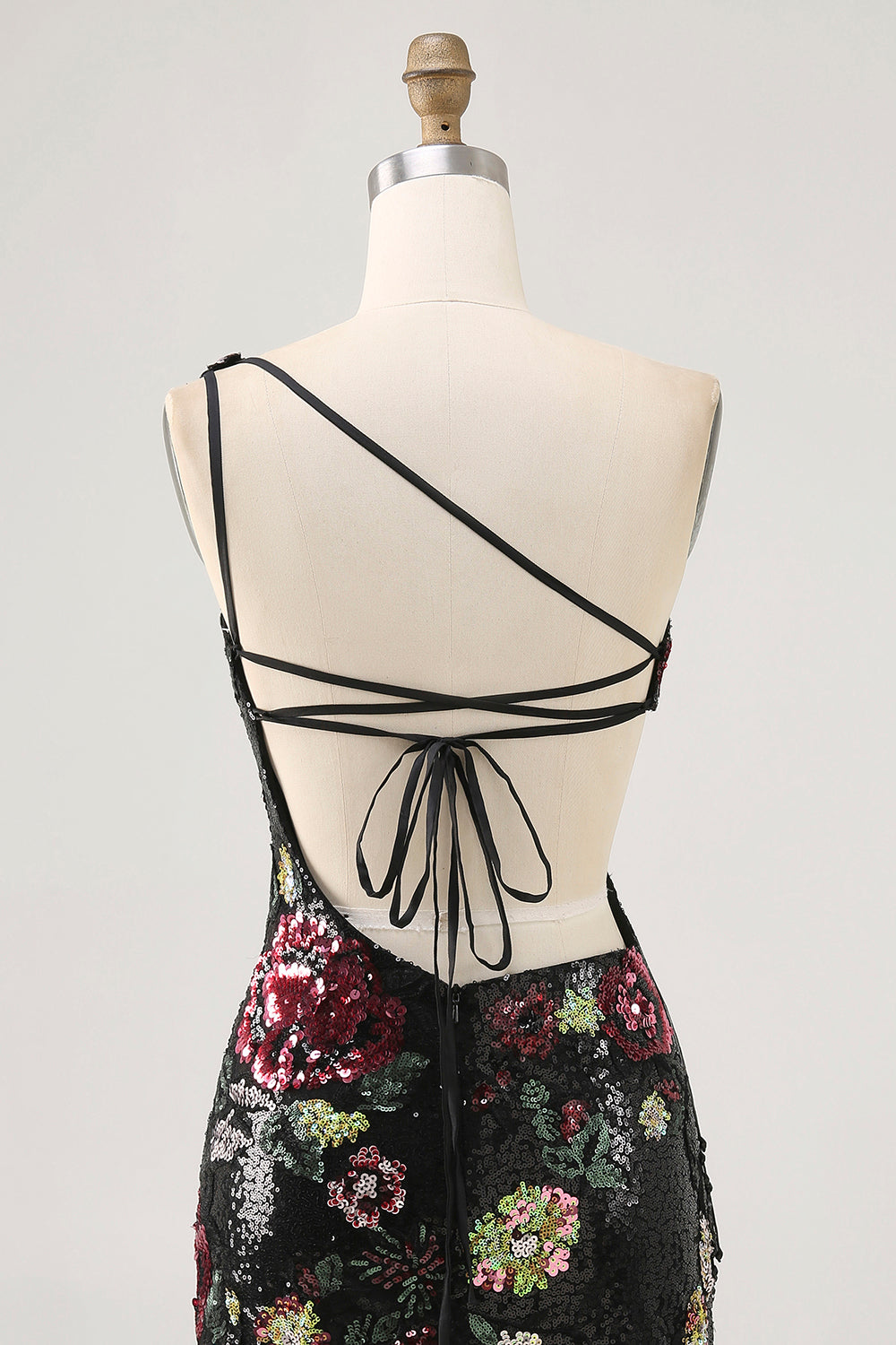 Sparkly Black Sequin Floral One Shoulder Short Homecoming Dress with Fringes
