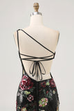 Sparkly Black Sequin Floral One Shoulder Short Homecoming Dress with Fringes