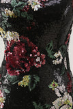 Sparkly Black Sequin Floral One Shoulder Short Homecoming Dress with Fringes