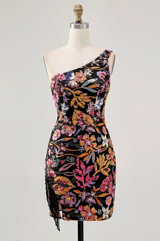 Sparkly Black Sequin Floral Short Homecoming Dress with Embroidery