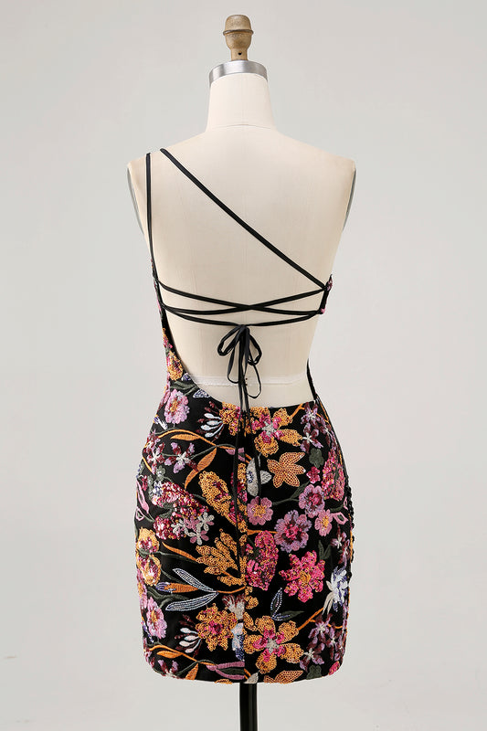 Sparkly Black Sequin Floral Short Homecoming Dress with Embroidery