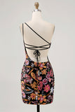 Sparkly Black Sequin Floral Short Homecoming Dress with Embroidery