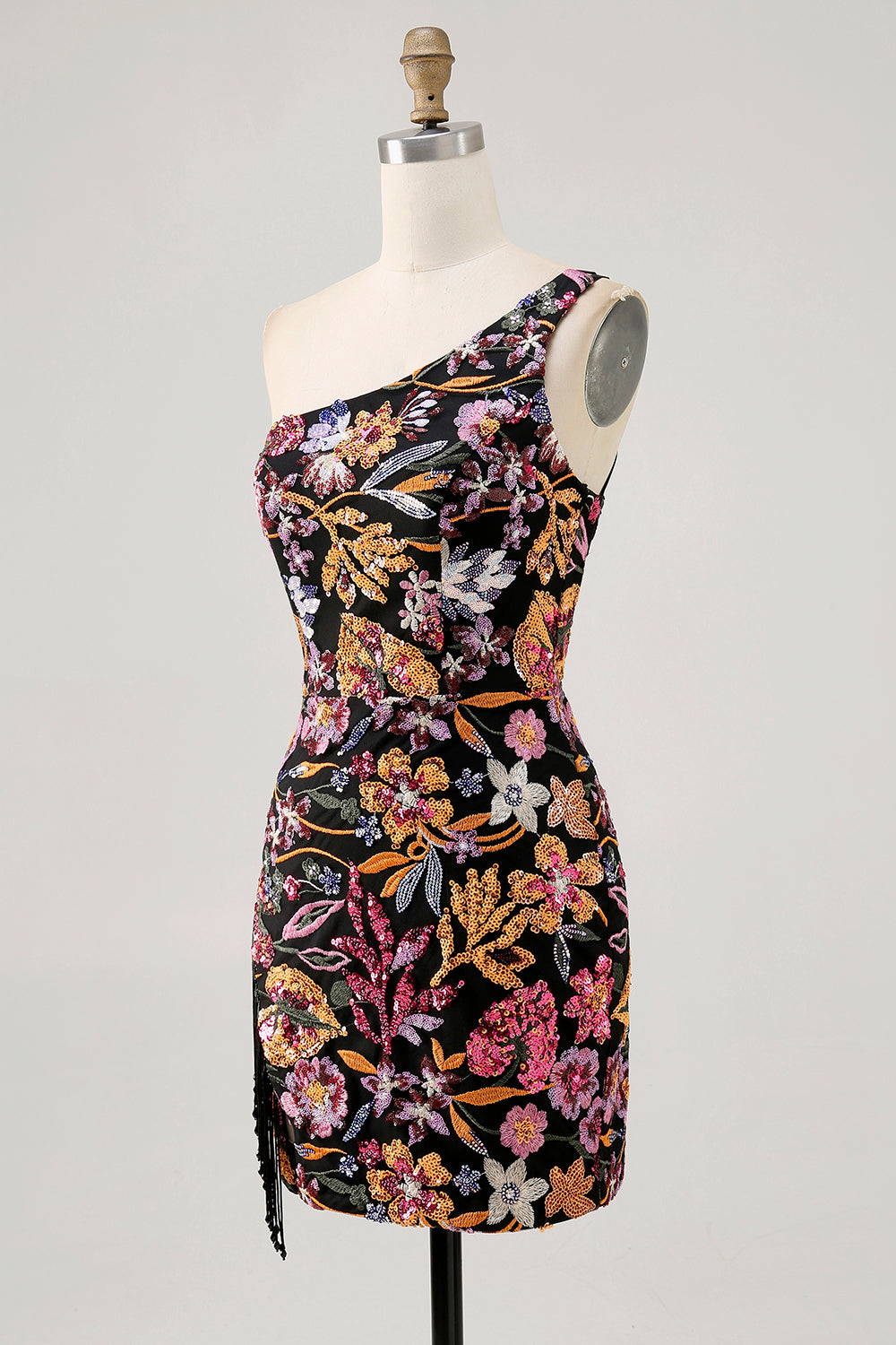 Sparkly Black Sequin Floral Short Homecoming Dress with Embroidery