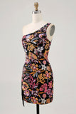 Sparkly Black Sequin Floral Short Homecoming Dress with Embroidery