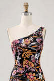Sparkly Black Sequin Floral Short Homecoming Dress with Embroidery