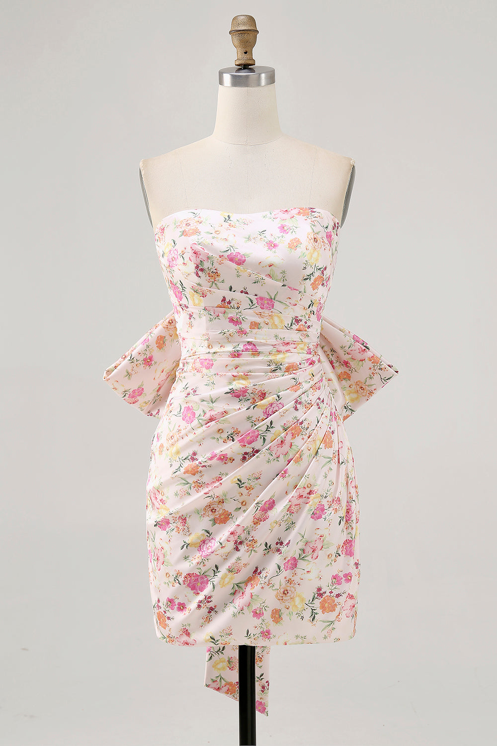 Pink Floral Strapless Ruched Short Homecoming Dress with Bow