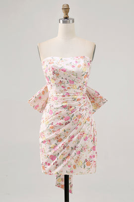 Pink Floral Strapless Ruched Short Homecoming Dress with Bow