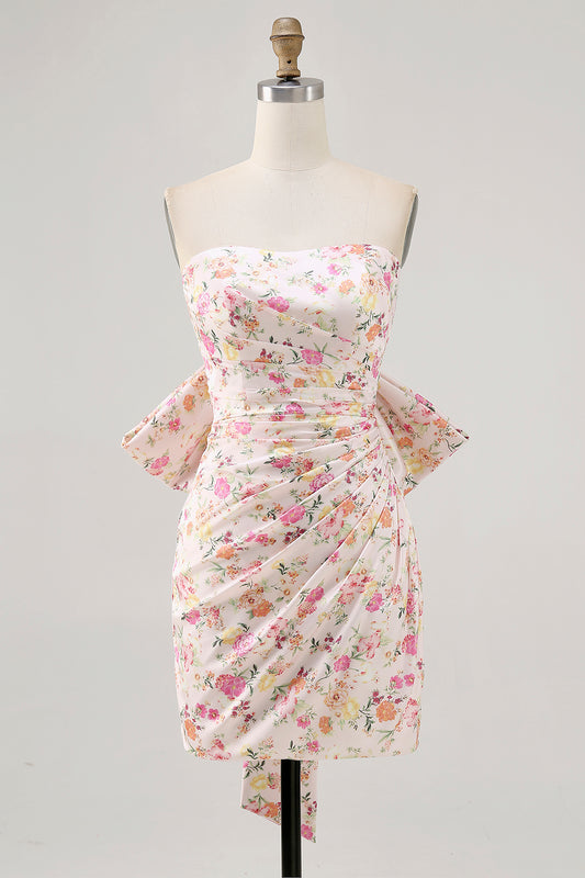 Pink Floral Strapless Ruched Short Homecoming Dress with Bow