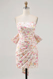 Pink Floral Strapless Ruched Short Homecoming Dress with Bow