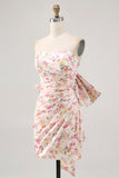 Pink Floral Strapless Ruched Short Homecoming Dress with Bow
