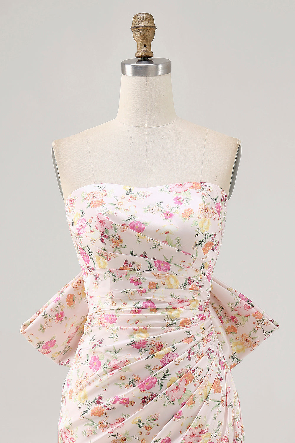 Pink Floral Strapless Ruched Short Homecoming Dress with Bow