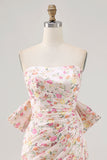Pink Floral Strapless Ruched Short Homecoming Dress with Bow