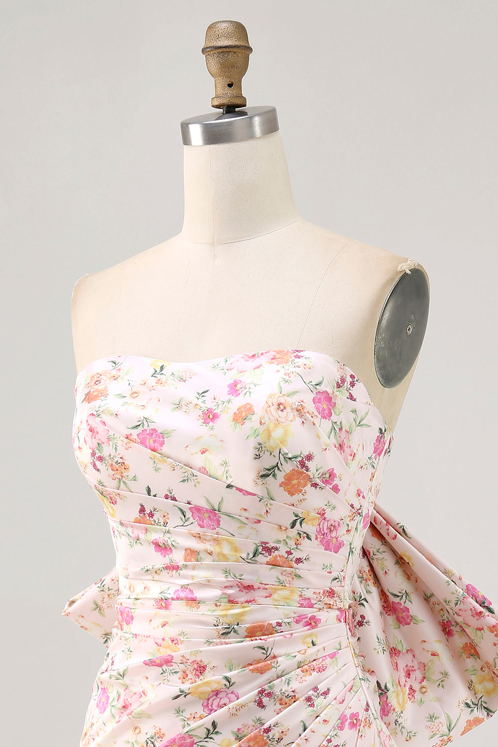 Pink Floral Strapless Ruched Short Homecoming Dress with Bow