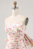 Pink Floral Strapless Ruched Short Homecoming Dress with Bow