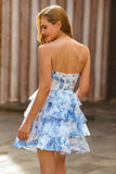 White and Blue Corset Floral Keyhole Short Homecoming Dress with Ruffles