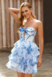 White and Blue Corset Floral Keyhole Short Homecoming Dress with Ruffles