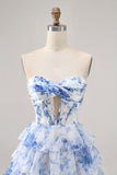 White and Blue Floral Ruffled Short Corset Homecoming Dress with Keyhole