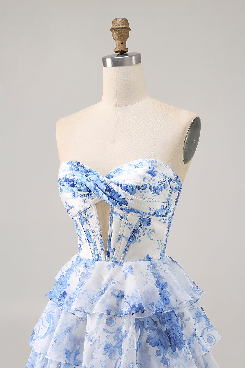 White and Blue Floral Ruffled Short Corset Homecoming Dress with Keyhole