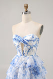 White and Blue Floral Ruffled Short Corset Homecoming Dress with Keyhole