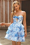 White and Blue Corset Floral Keyhole Short Homecoming Dress with Ruffles