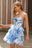 White and Blue Corset Floral Keyhole Short Homecoming Dress with Ruffles