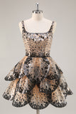 Sparkly Black and Apricot Sequin Tiered Short Homecoming Dress