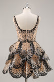 Sparkly Black and Apricot Sequin Tiered Short Homecoming Dress