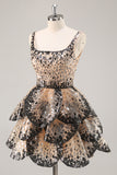 Sparkly Black and Apricot Sequin Tiered Short Homecoming Dress