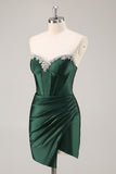 Sparkly Dark Green Corset Strapless Short Homecoming Dress with Rhinestones