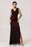 Black Red Backless V-Neck Long Bridesmaid Dress with Slit