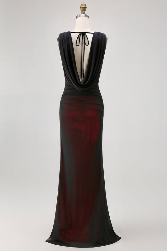 Black Red Backless V-Neck Long Bridesmaid Dress with Slit