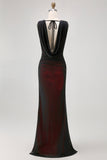 Black Red Backless V-Neck Long Bridesmaid Dress with Slit