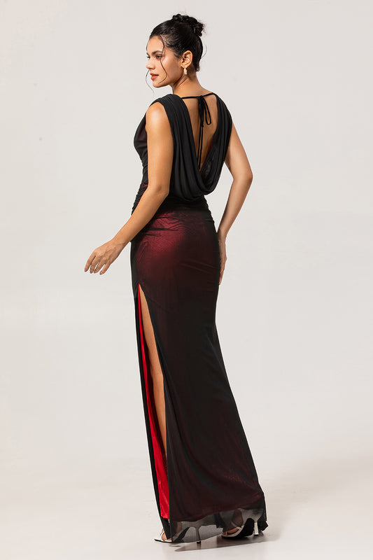 Black Red V-Neck Backless Long Bridesmaid Dress with Slit