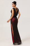 Black Red Backless V-Neck Long Bridesmaid Dress with Slit