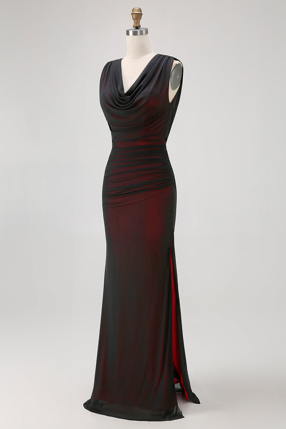 Black Red Backless V-Neck Long Bridesmaid Dress with Slit