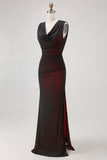 Black Red Backless V-Neck Long Bridesmaid Dress with Slit