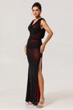 Black Red V-Neck Backless Long Bridesmaid Dress with Slit