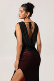 Black Red V-Neck Backless Long Bridesmaid Dress with Slit