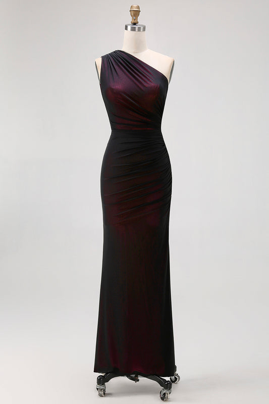 Black Pink Mermaid One Shoulder Long Bridesmaid Dress with Slit