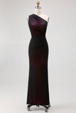 Black Pink One Shoulder Mermaid Long Bridesmaid Dress with Slit
